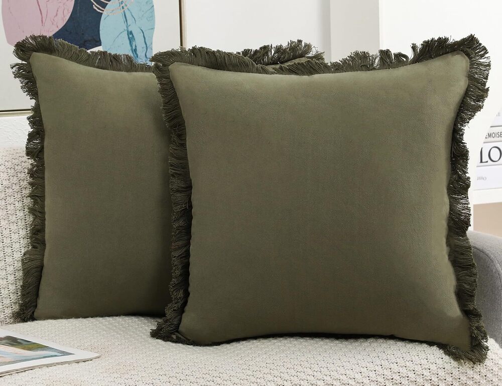4022 Set of 2 Natural Linen Fringed Throw Pillow Covers,Olive Green Neutral